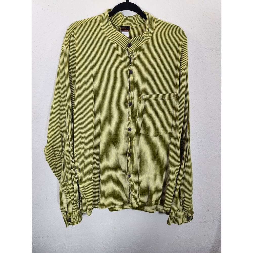 Little Kathmandu Mens Shirt XXL Yellow Striped Boho Hippie Granddad Collar Nepal
